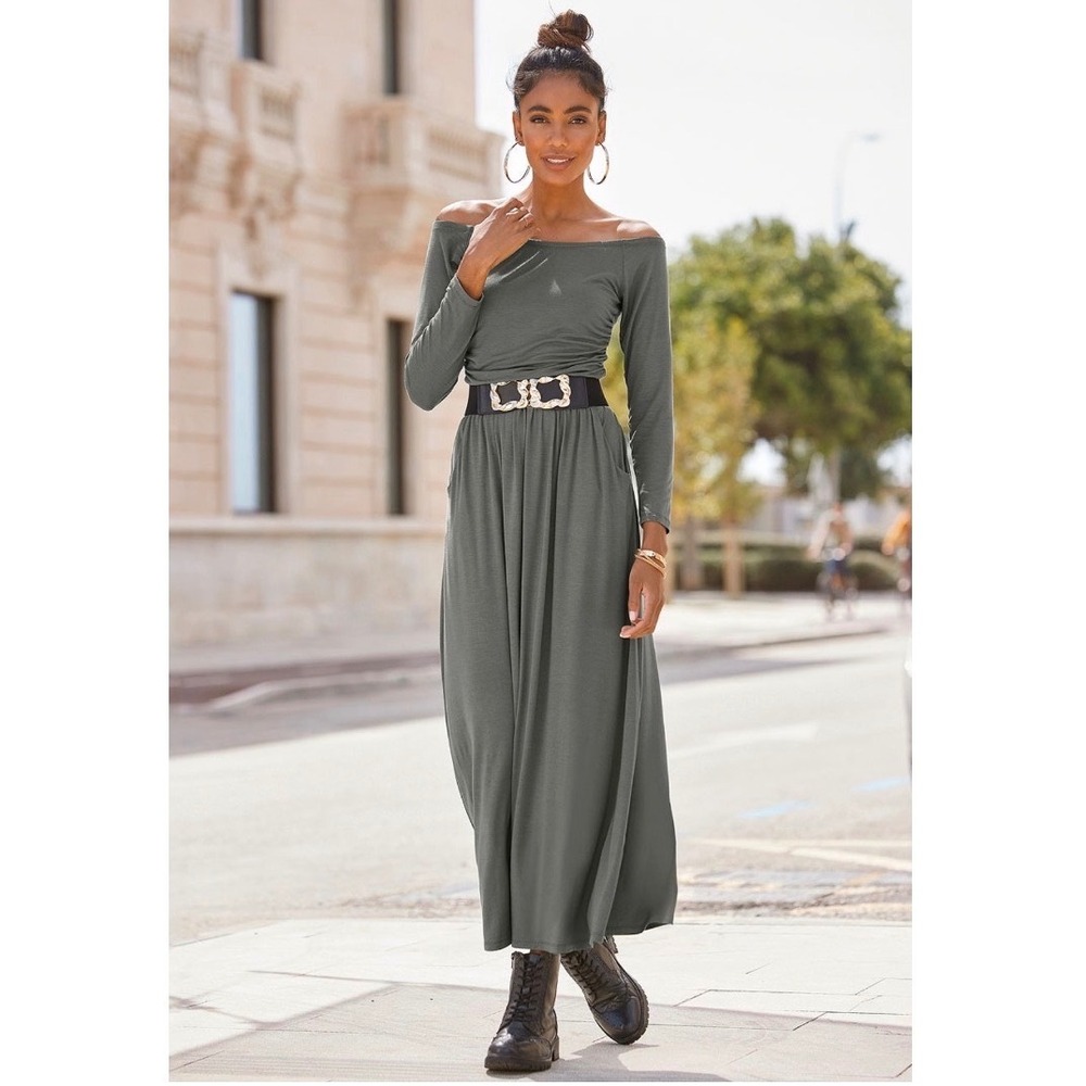 Lascana Olive Green Off Shoulder Long Sleeve‎ Maxi Dress with Pockets US 10